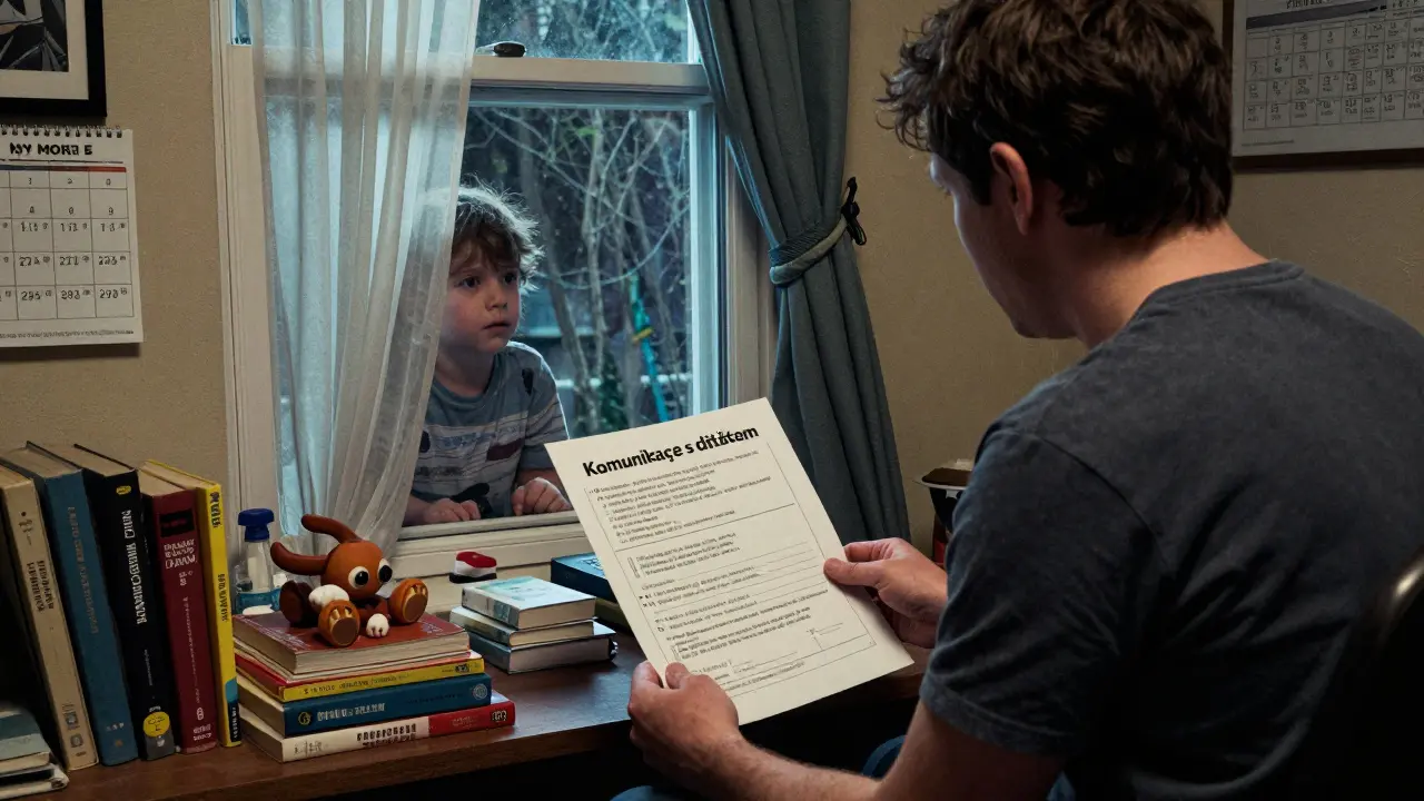 Rodič přijímá pracovní list od terapeuta, dítě pozoruje z okna.