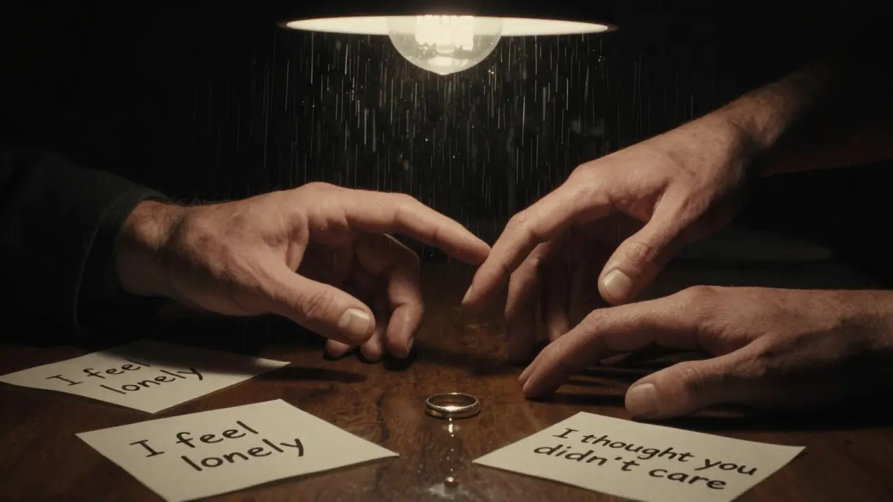 Ruce se blíží, ale nedotknou se — na stole písemky s city, jedna slza na prstenu.