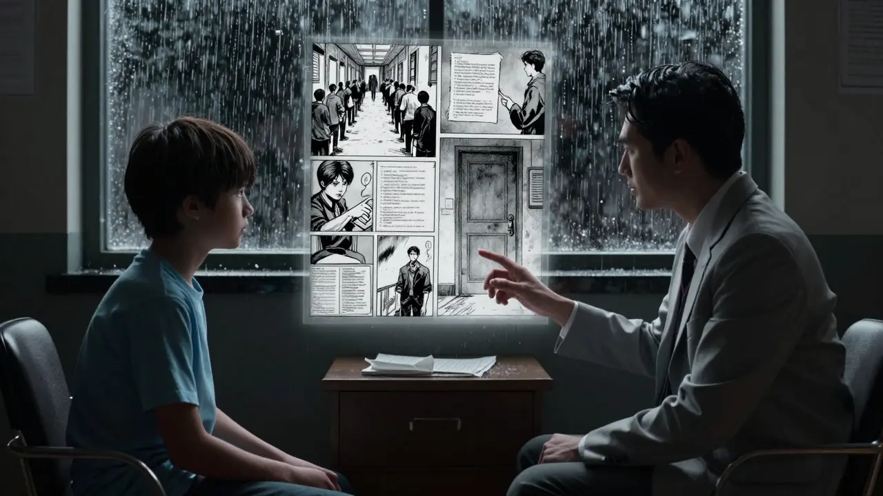 Školní psycholožka a žák sedí v tiché místnosti, kolem nich plavou obrazy jejich strachů.