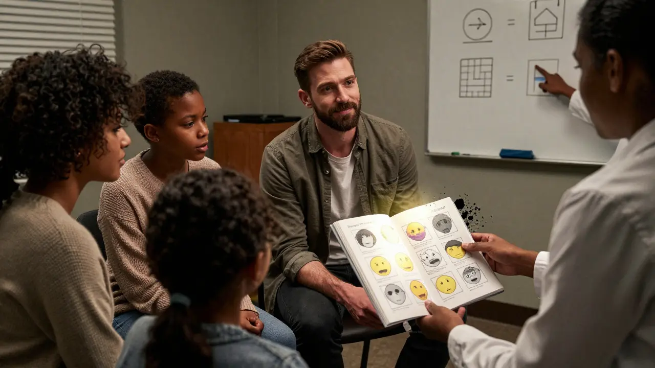 Skupina příbuzných na psychoedukačním sezení, drží pracovní sešit, peer worker jim pomáhá pochopit hranice.