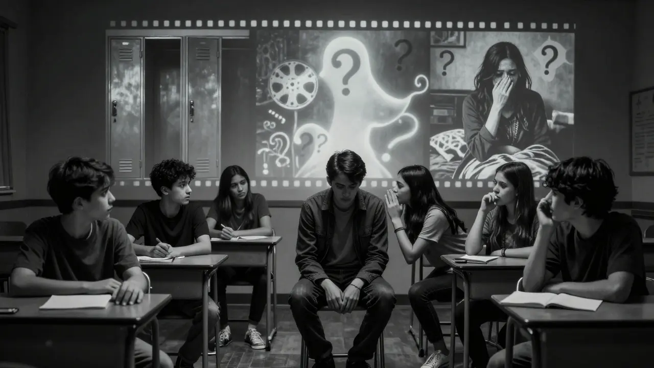 Skupina teenagerů hraje terapeutickou scénu v tiché třídě, kolem nich se jeví jejich skryté obavy.