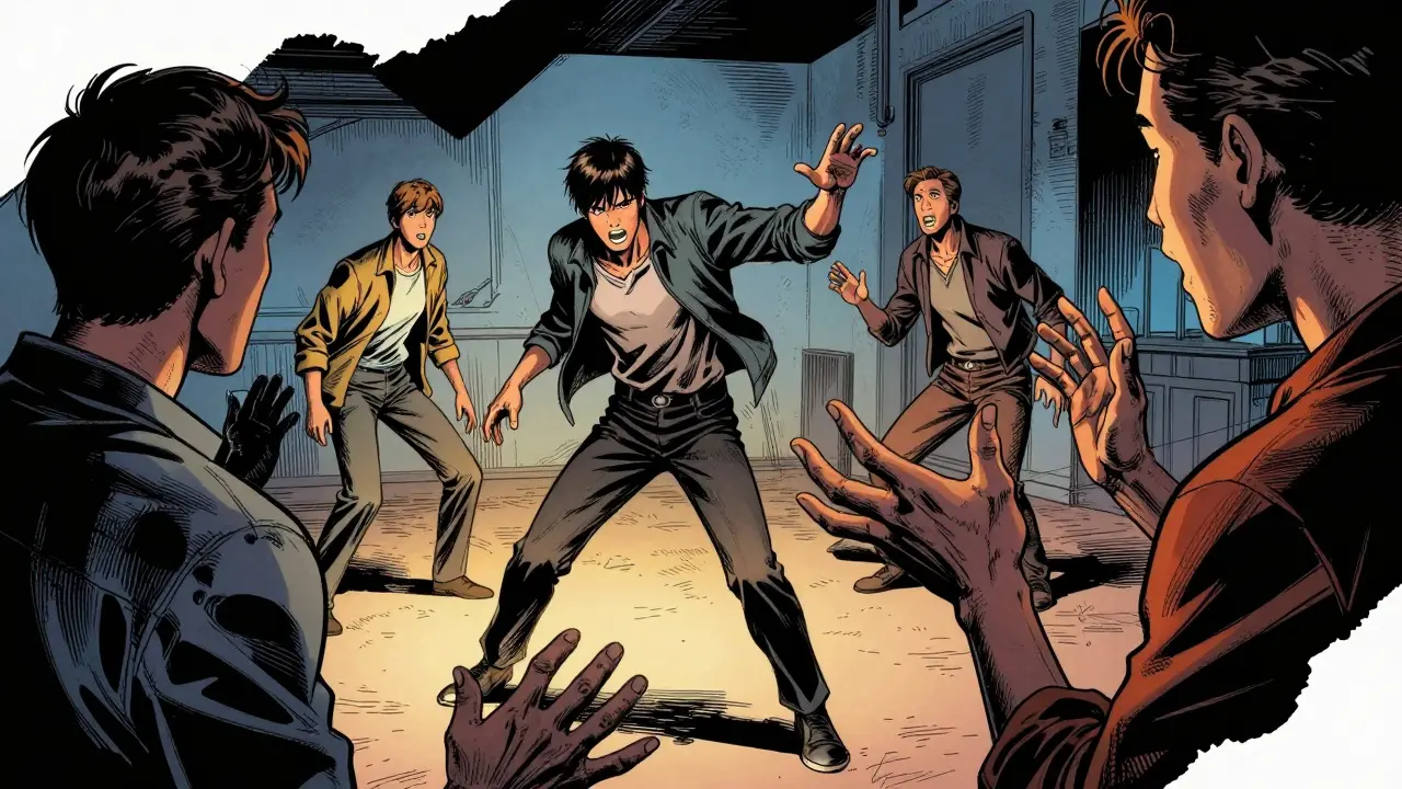 Skupinová psychodramatická relace, kde členové představují roli rodičů a vnitřního hlasu.