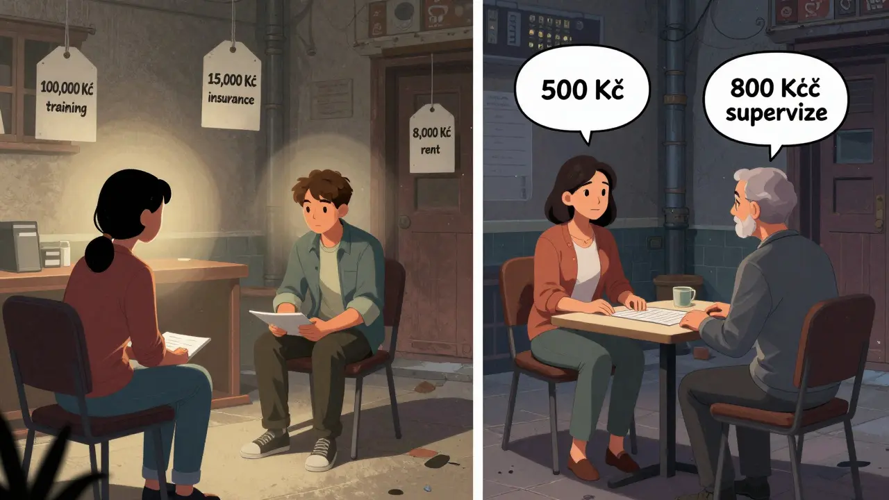 Student terapeuta ve výcviku dostává supervizi, zatímco na pozadí visí ceny za vzdělávání a pojištění.