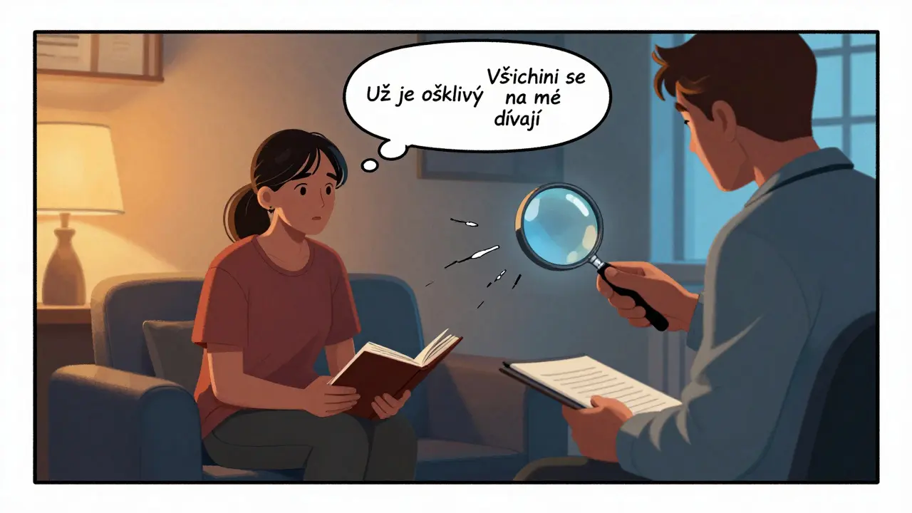 Terapeut a pacient spolu v kanceláři, myšlenky v bublinách jsou rozkládány magnifikátorem.