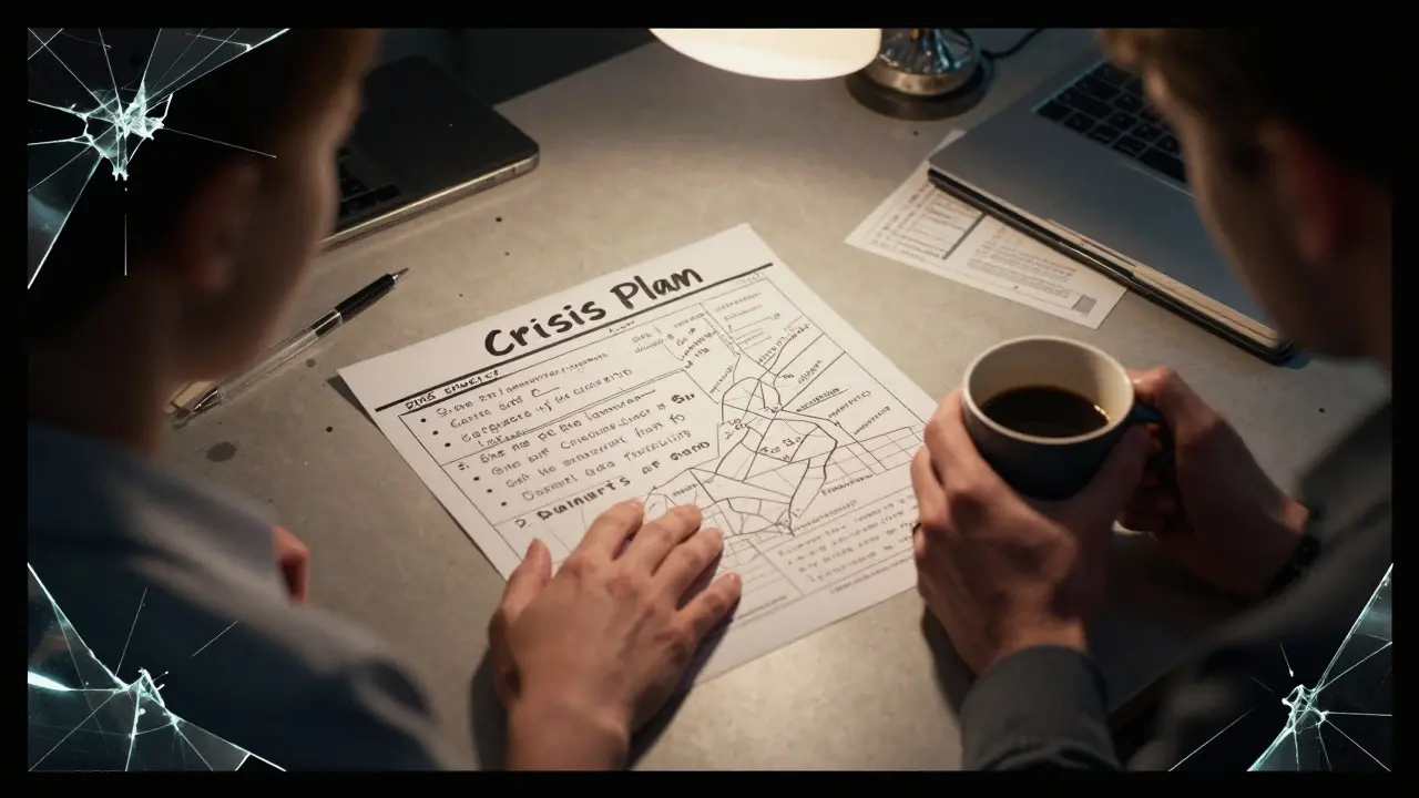 Terapeut a pacient spolu vytvářejí krizový plán na stole plném papírů.
