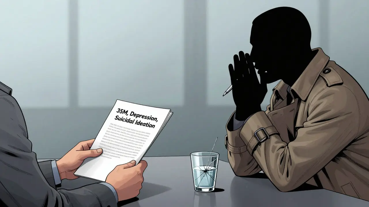 Terapeut anonymně konzultuje případ se supervizorem za mlhavým stolem, identita obou je skryta.