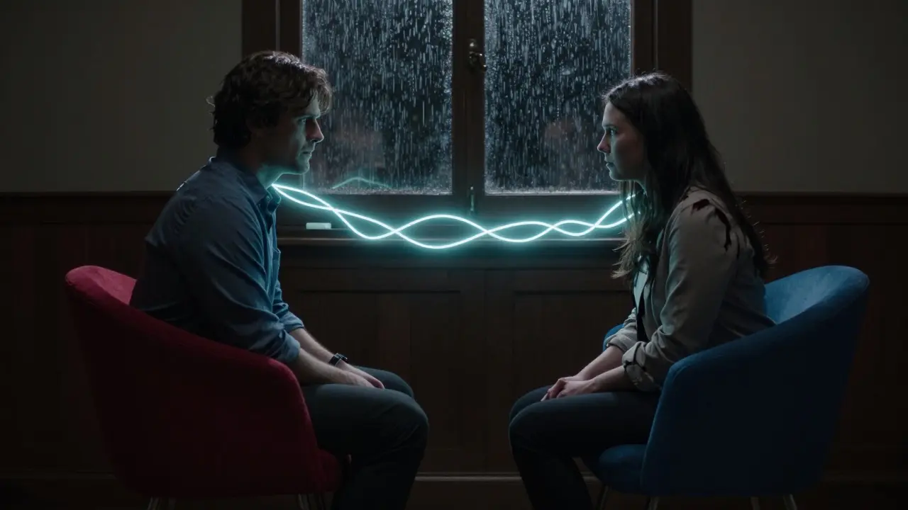 Terapeut mezi pártem, kde mezi nimi září emocionální spojení v temné místnosti.