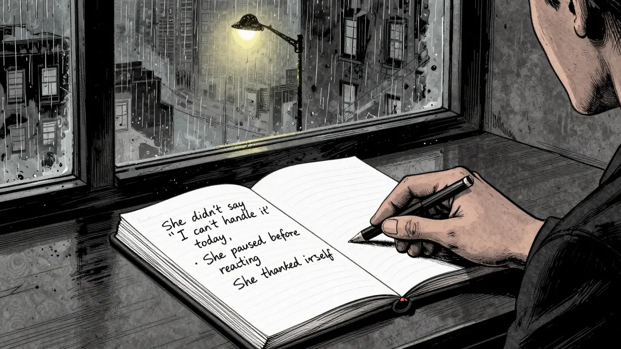 Terapeut položí sešit s pozorováními změn na stůl, venku prší.