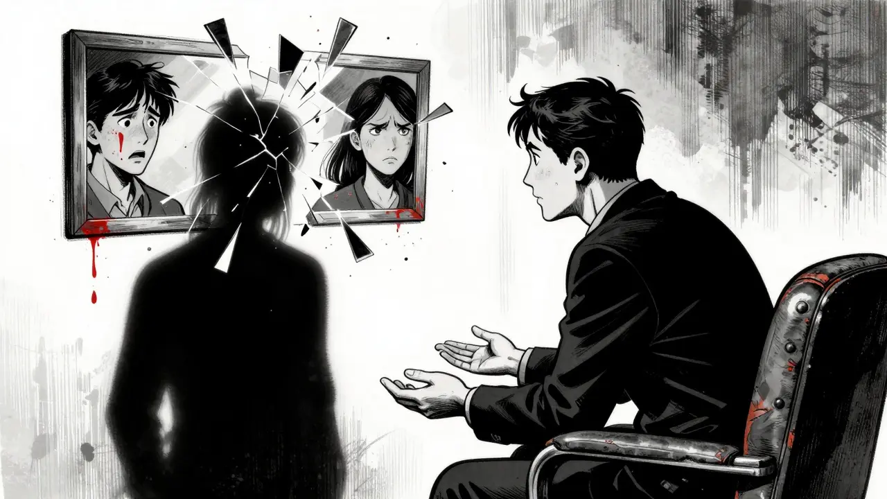 Terapeut poslouchá bez soudění, stín klienta se mění v zrcadlo emocí.