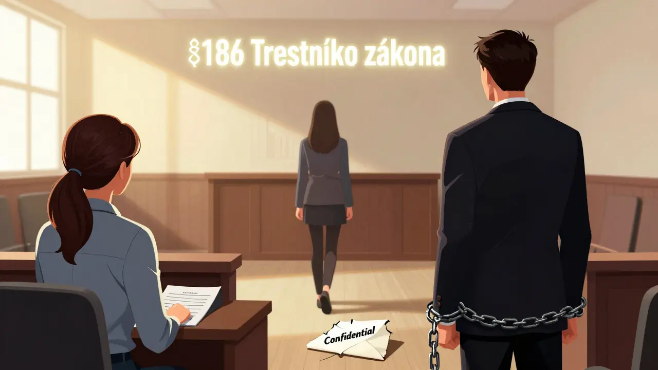 Terapeut ve vězení, zatímco klient odchází do světla, symbolizující porušení tajemství a jeho následky.