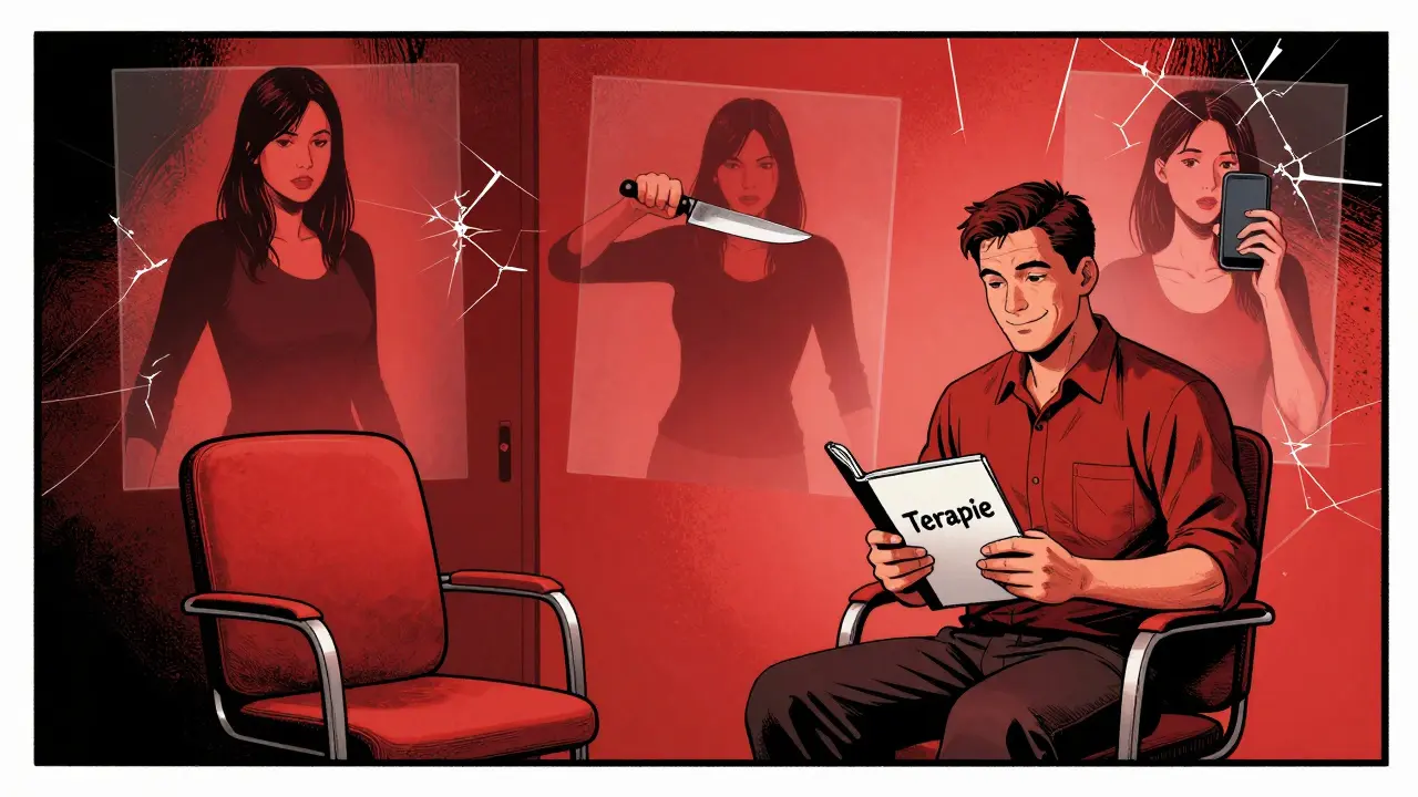Terapeutická místnost, kde muž vypadá klidně, ale za ním se objevují scény násilí a kontroly ve tvaru průhledných obrazů.