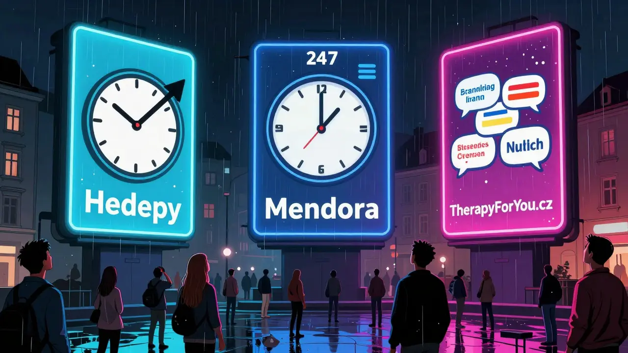 Tři digitální plakáty s názvy terapeutických platform v českém městě, každý s unikátním symbolem, osvětlené neonovými barvami.