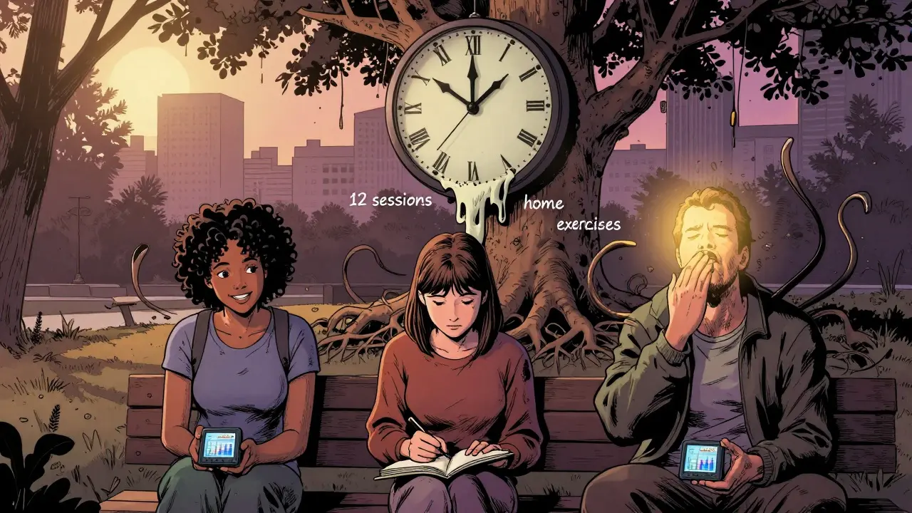 Tři pacienti v parku s přístroji ukazujícími pokrok, symbolický hodinový strom s kořeny léčby.