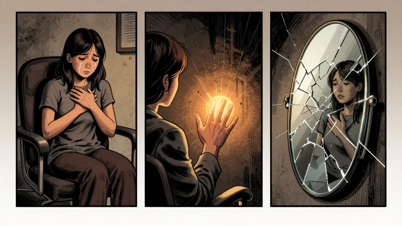 Tři panelů znázorňují klienta v bolesti, terapeutovo rukou světlo a zrcadlo, které se znovu složí.