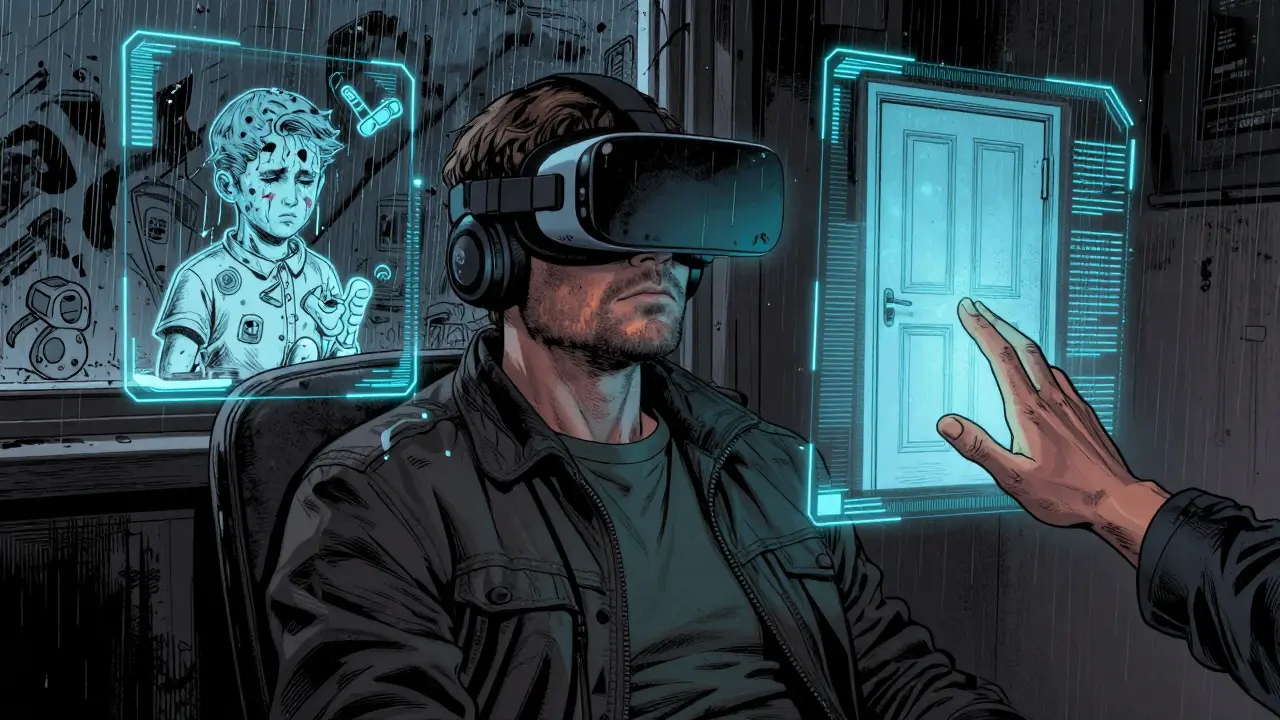 Veterán v VR headsetu, kolem něj se objevují holografické obrazy traumatu z dětství.