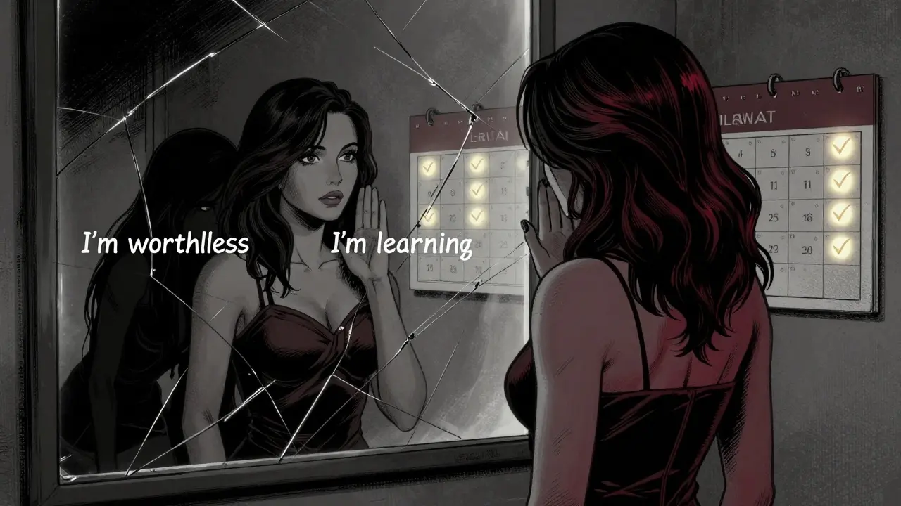 Žena se dívá do zrcadla, kde se její odraz zobrazuje ve dvou různých verzích.