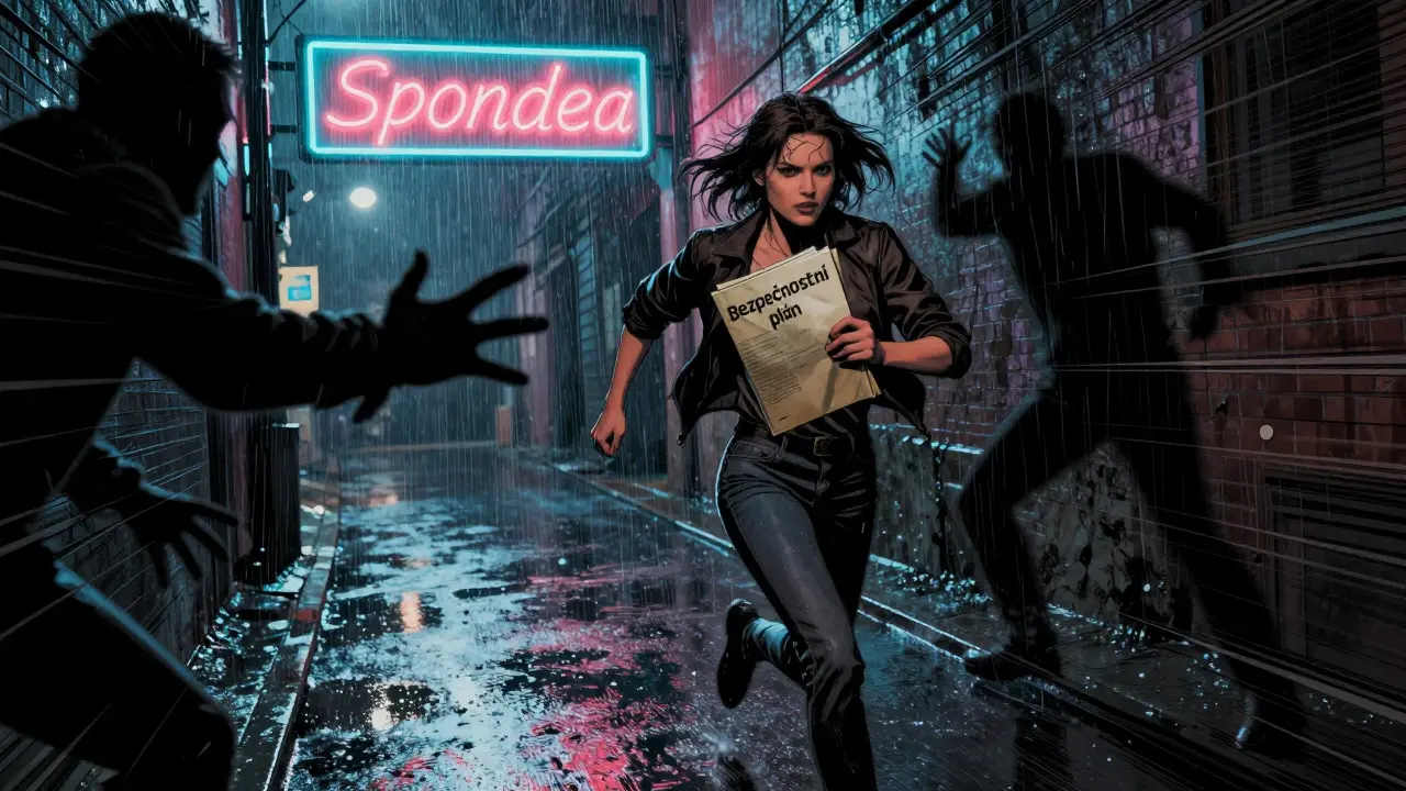 Žena utíká dešťovou ulicí s dokumentem o bezpečnostním plánu, za ní se tahuje stín pachatele, vpředu září název intervenčního centra.