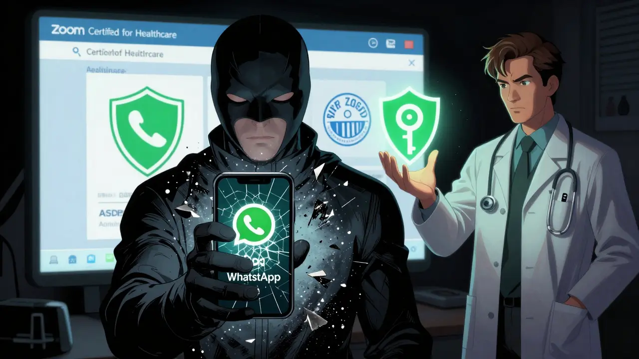 Zlomený telefon WhatsApp se rozpadá, zatímco bezpečná video platforma s štítem GDPR září v pozadí, terapeut nabízí klíč akreditace.