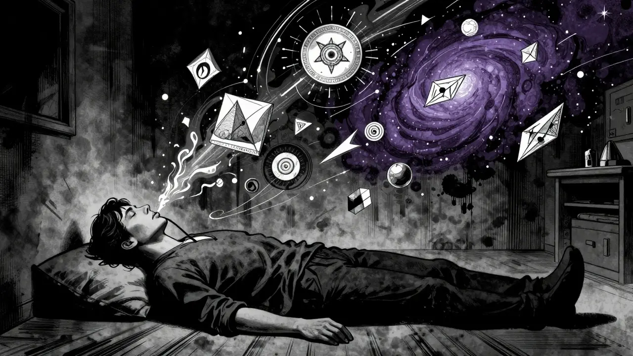 Člověk při holotropním dýchání s surrealními symboly v noir komiksovém stylu.