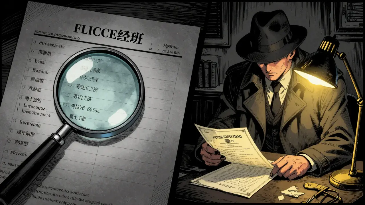 Detail lupy hledající jméno v registru a detektiv prověřující certifikát v noir stylu.