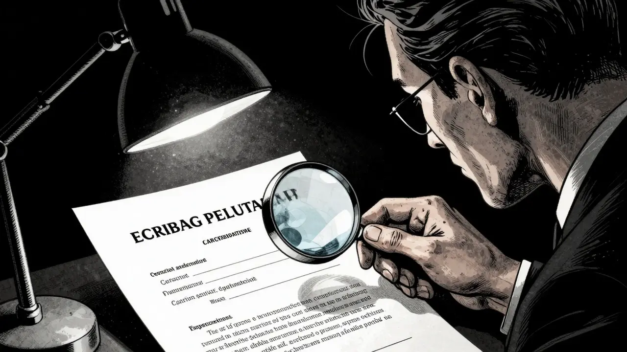 Detail ruky s lupou zkoumající certifikát v dramatickém noir stylu.