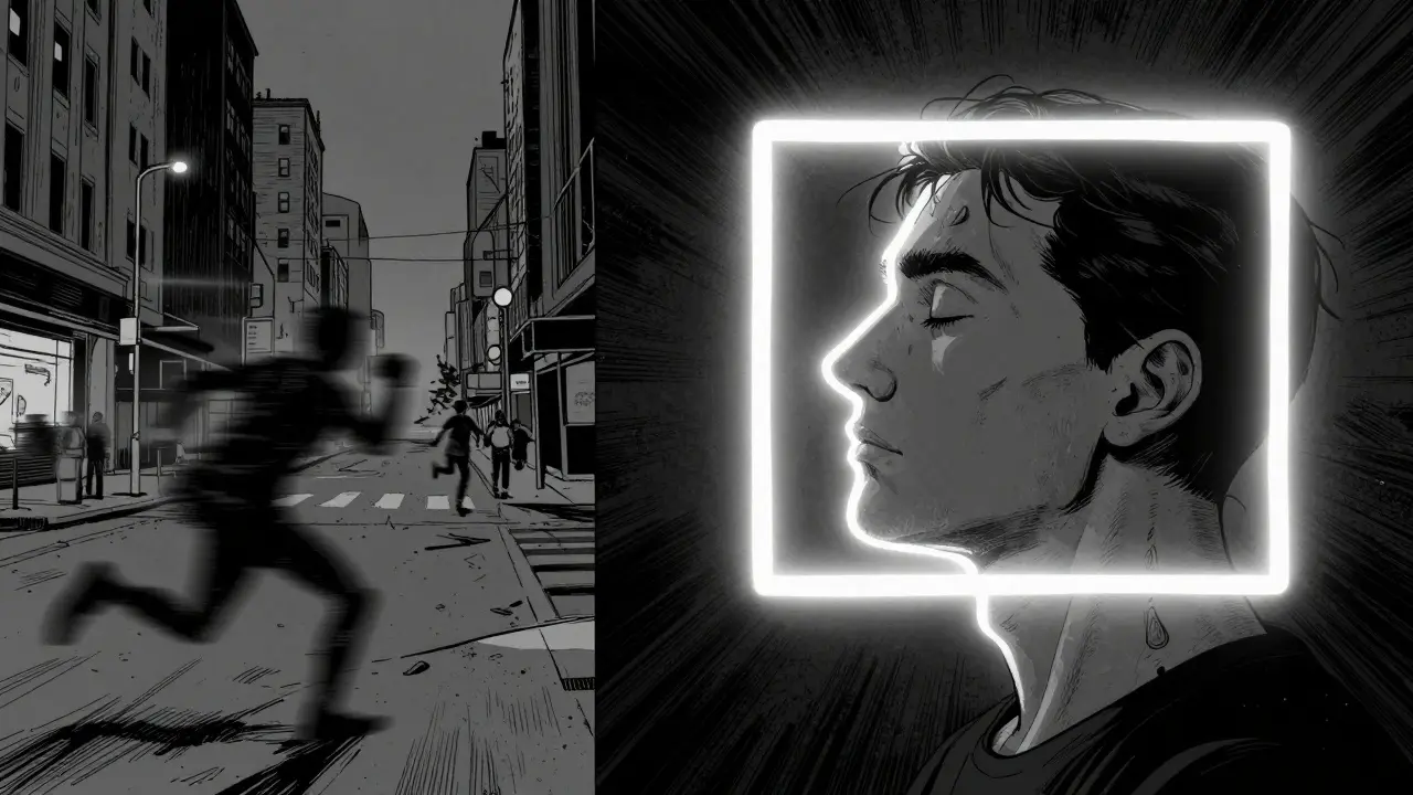 Detail tváře znepomocněného člověka při cvičení čtvercového dýchání.