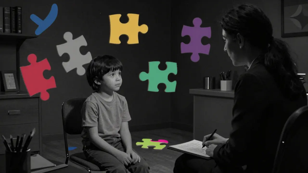 Dítě a terapeut v noir komiksovém prostředí obklopeni symbolickými puzzlemi.