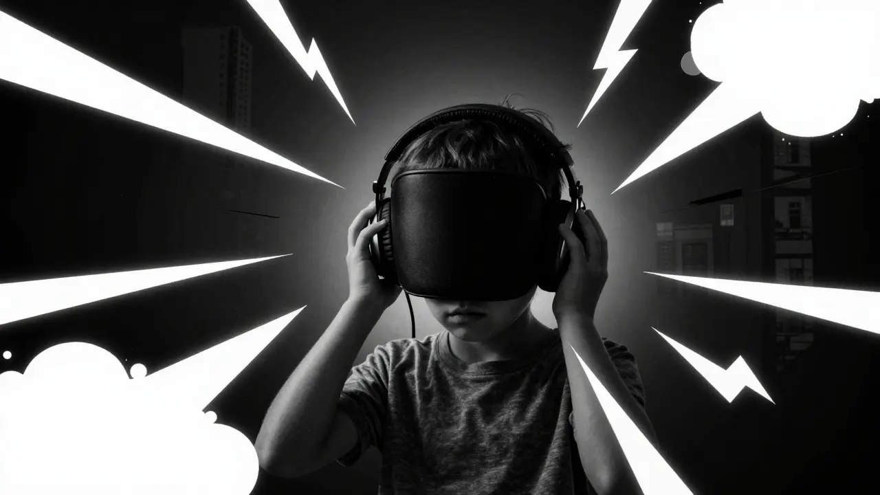 Dítě v odhlučňovacích sluchátkách v noir stylu, chránící se před hlukem.