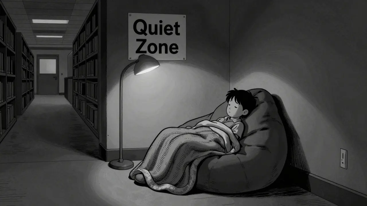 Dítě v tiché zóně školy pod váhou zklidňující deky v noir stylu.