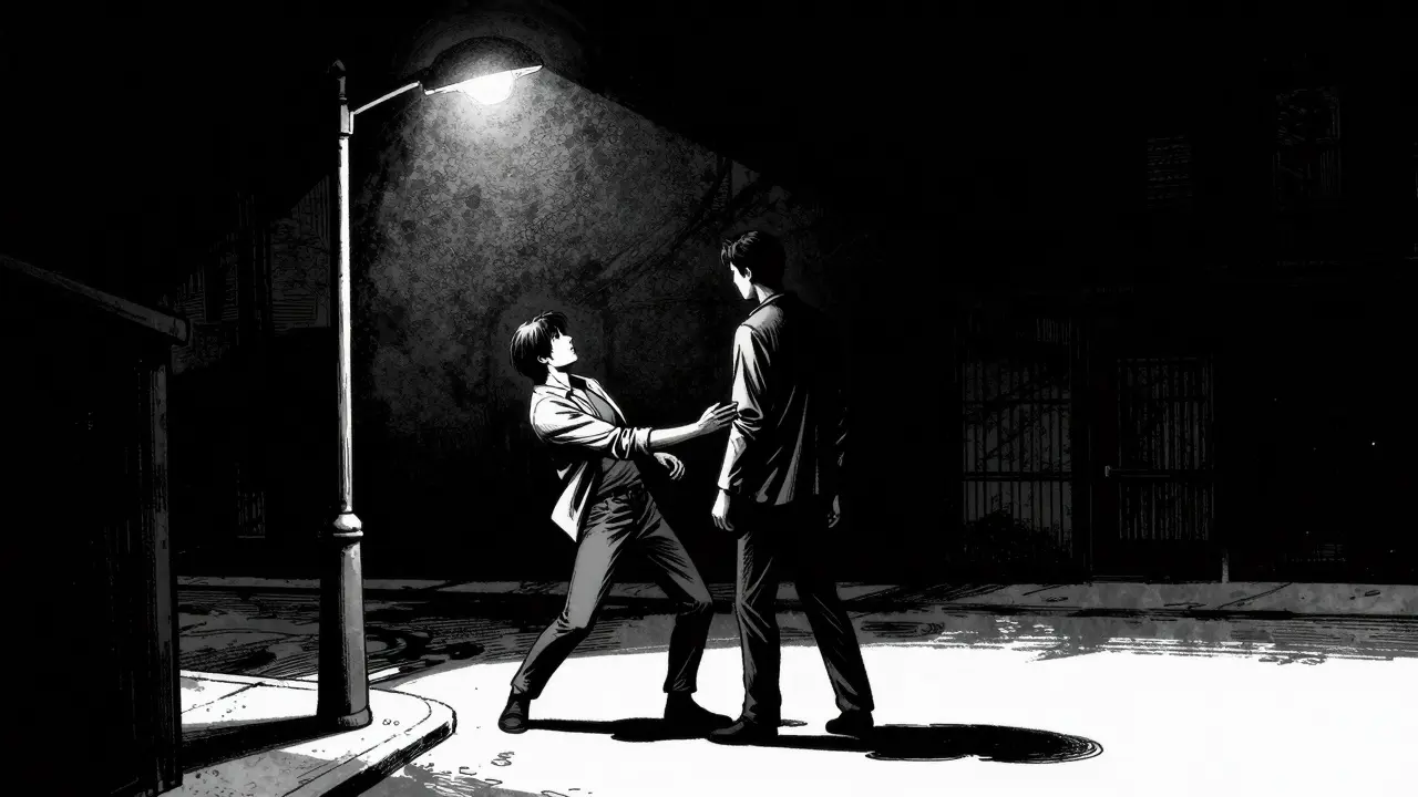 Dvě postavy v kontrastním městském prostředí znázornující emocionální vzdálenost.