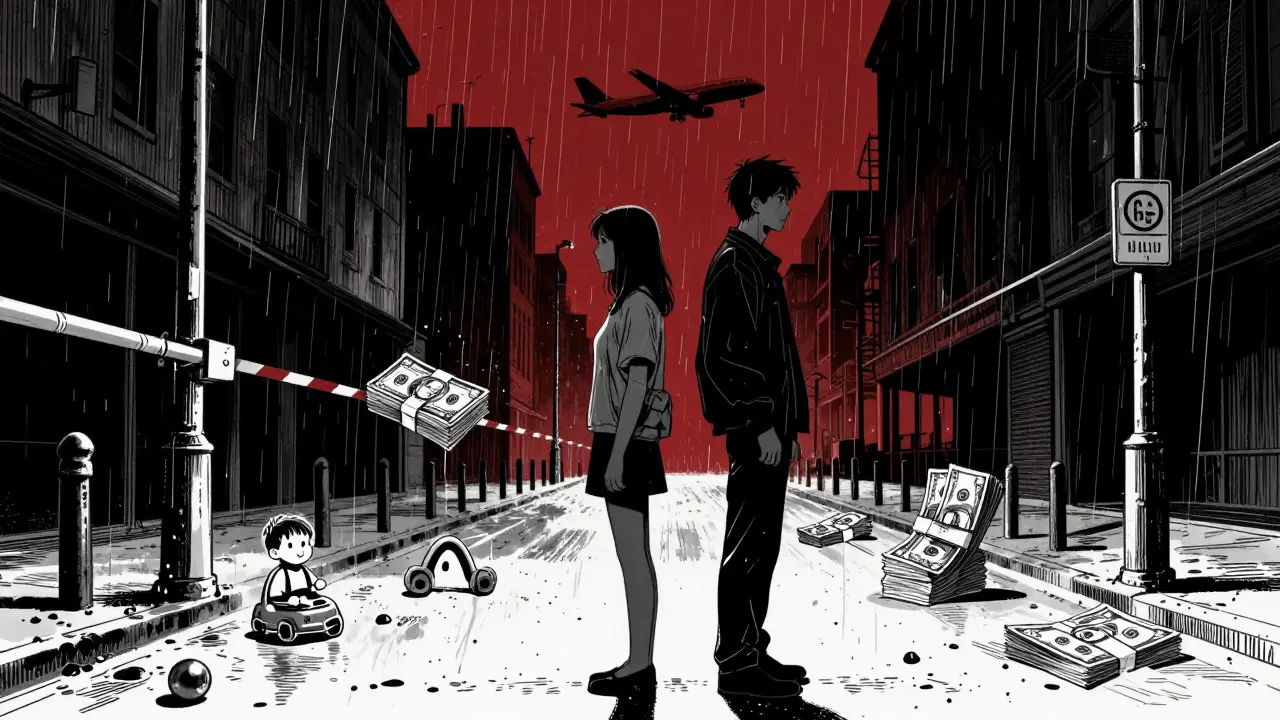 Dvojice zády k sobě s symboly dětí, peněz a vzdálenosti vnořenými do stínů.