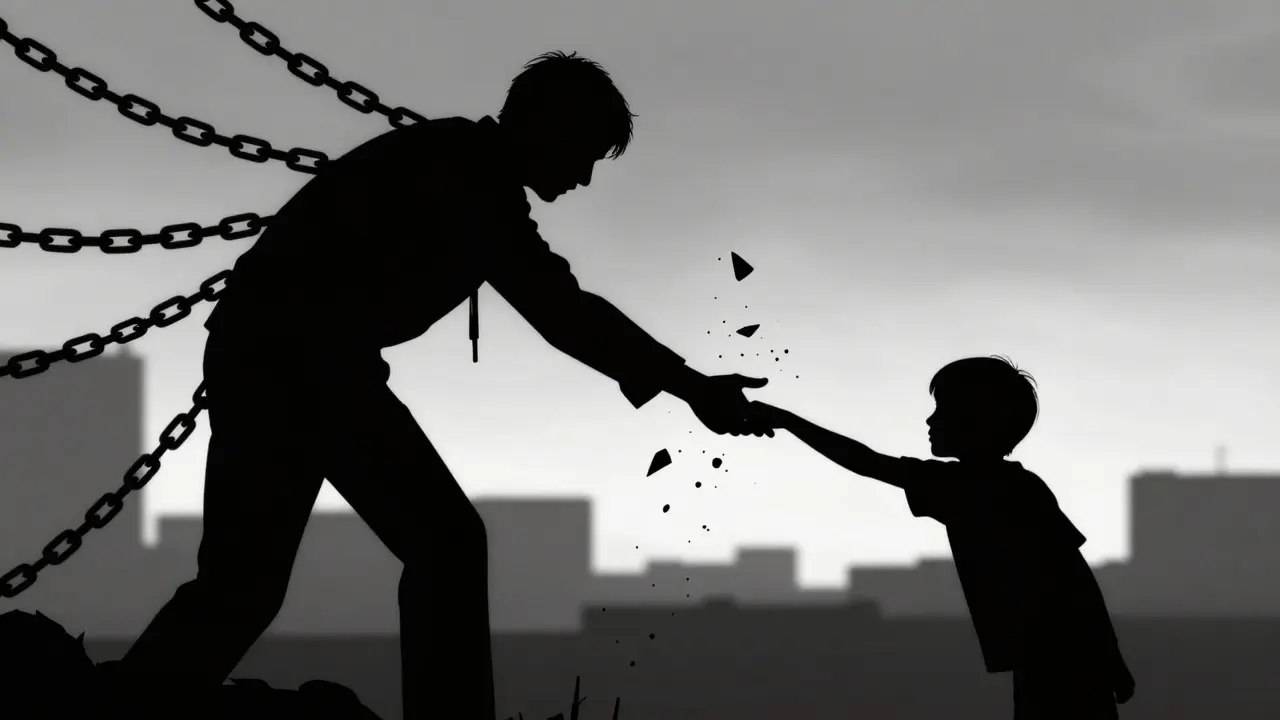 Konceptuální noir obraz znázornující přerušení řetězce generačního traumatu.