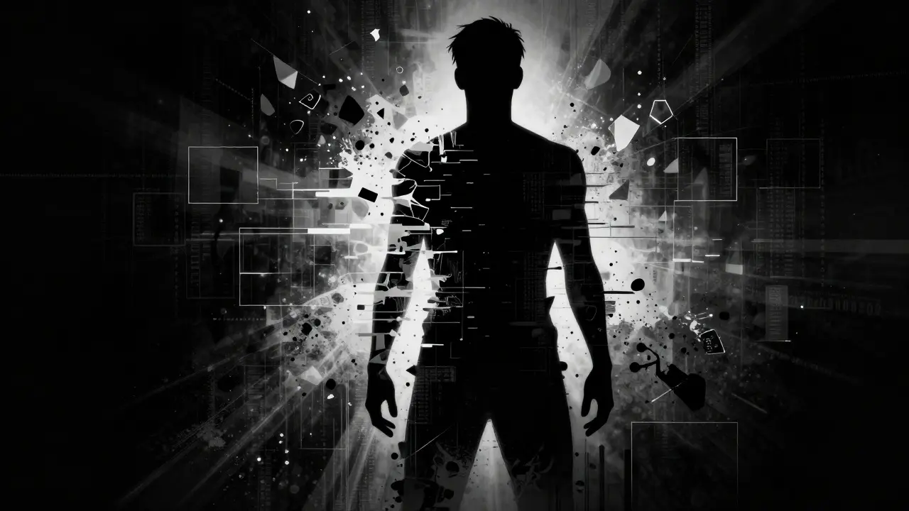 Konceptuální noir obraz znázornující proces uzdravení a integrace osobnosti.