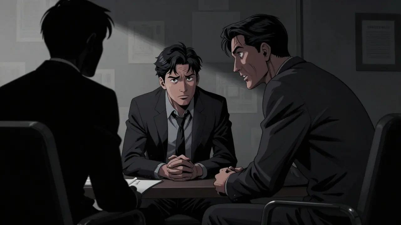 Konfrontace klienta a terapeuta v temné kanceláři v noir komiksovém stylu.