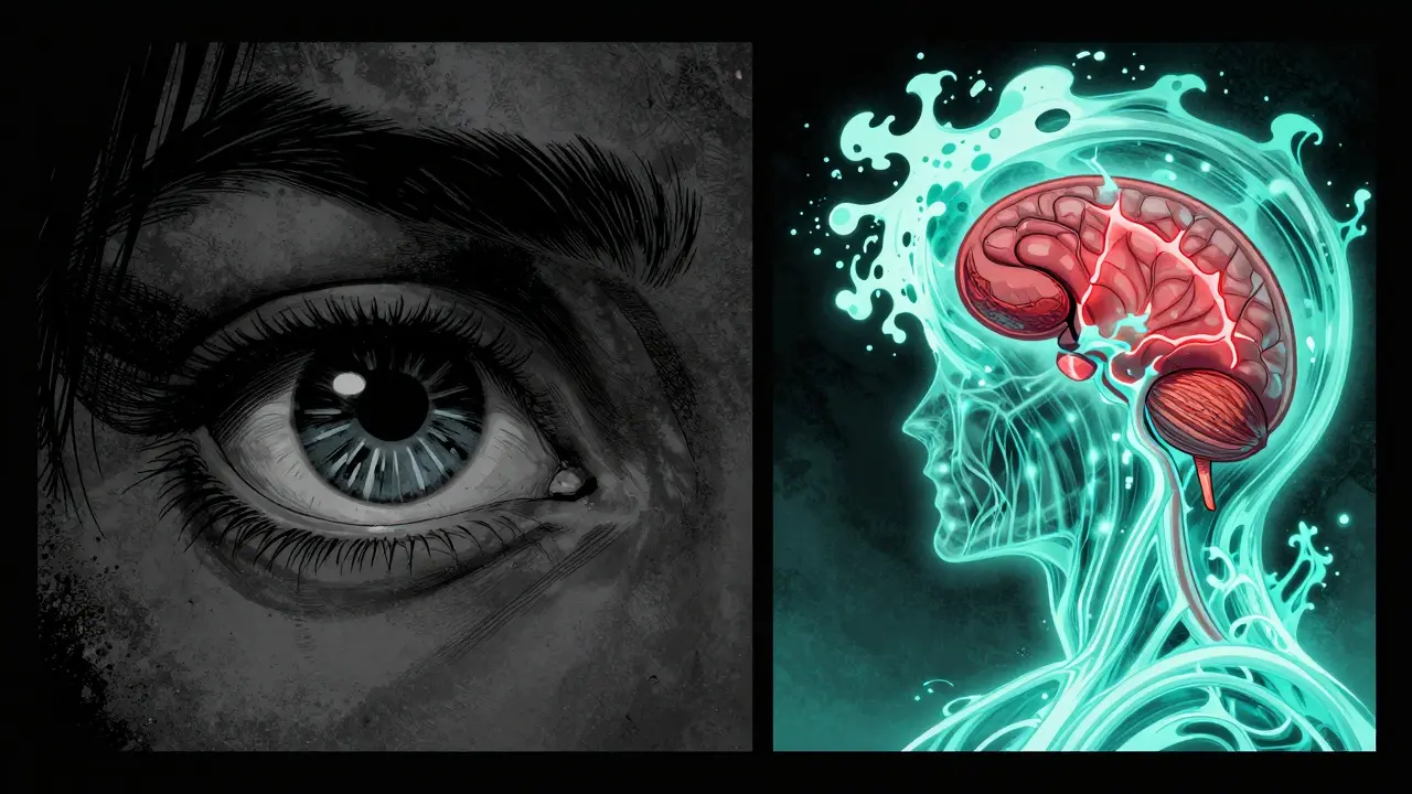 Kontrast mezi traumatickým stavem a uklidněním amygdaly v temné komiksové estetice.