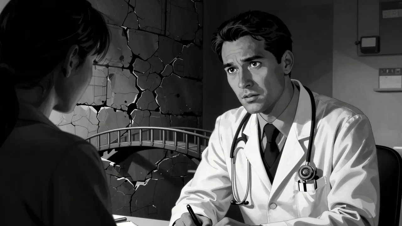 Konverzace pacienta a lékaře v mračné ordinaci symbolizující dostupnou primární péči.