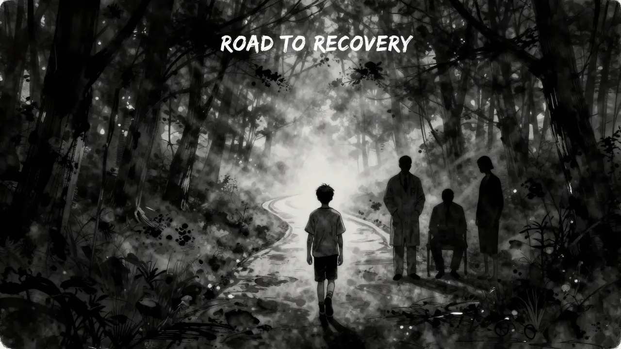 Kresba cesty k uzdravení s doprovozem odborníků v temném noir komiksovém stylu.