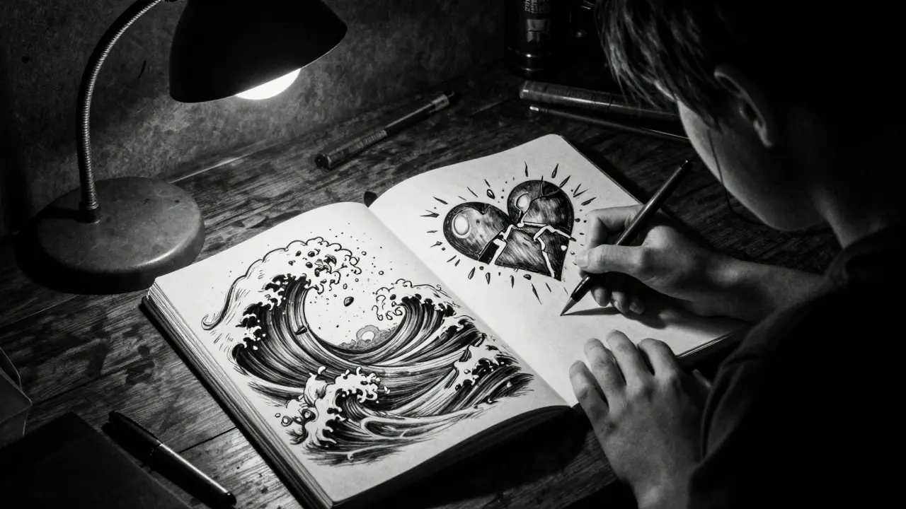 Kresby v sešitu teenagera s morbidními tématy v dramatickém noir stylu.