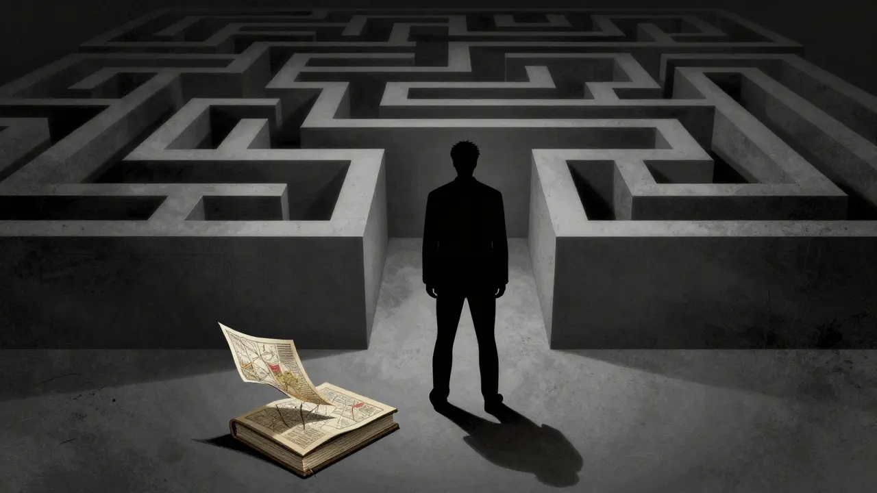 Metafora mysli jako komplexního bludiště s malou knihou v popředí v noir stylu.