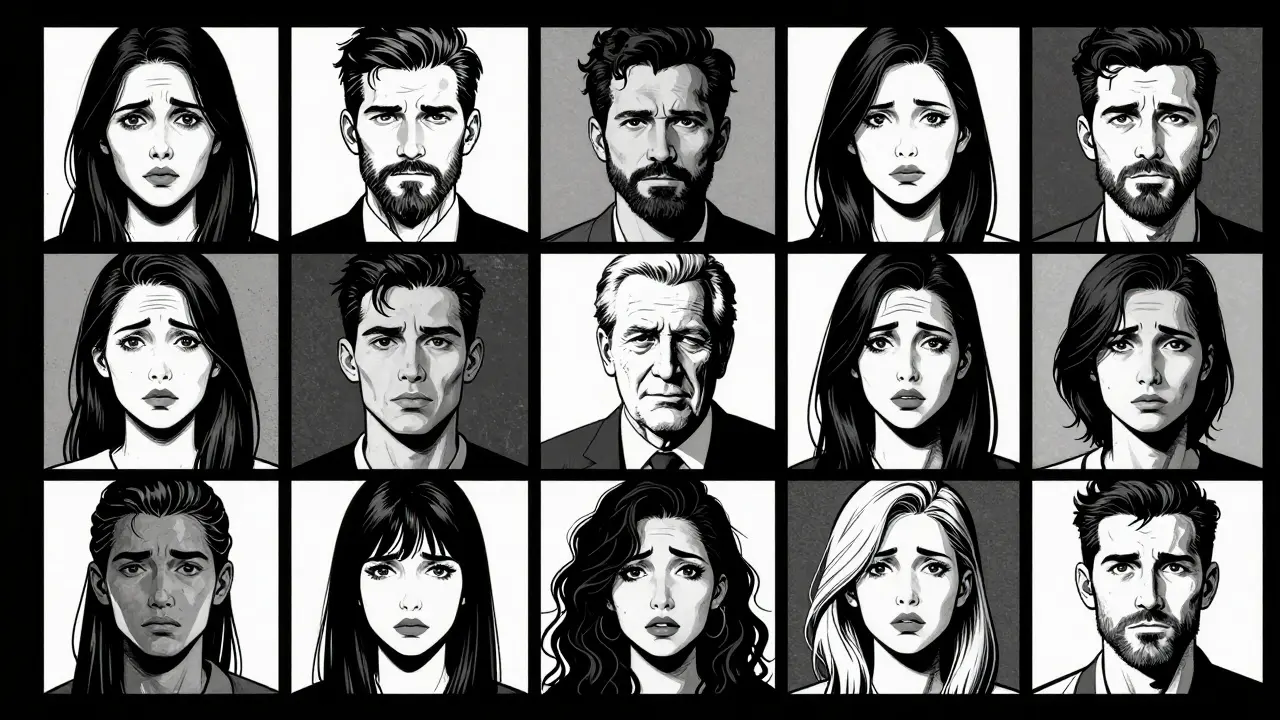 Mřížka videokonference s emocemi účastníků skupinové terapie v noir stylu.