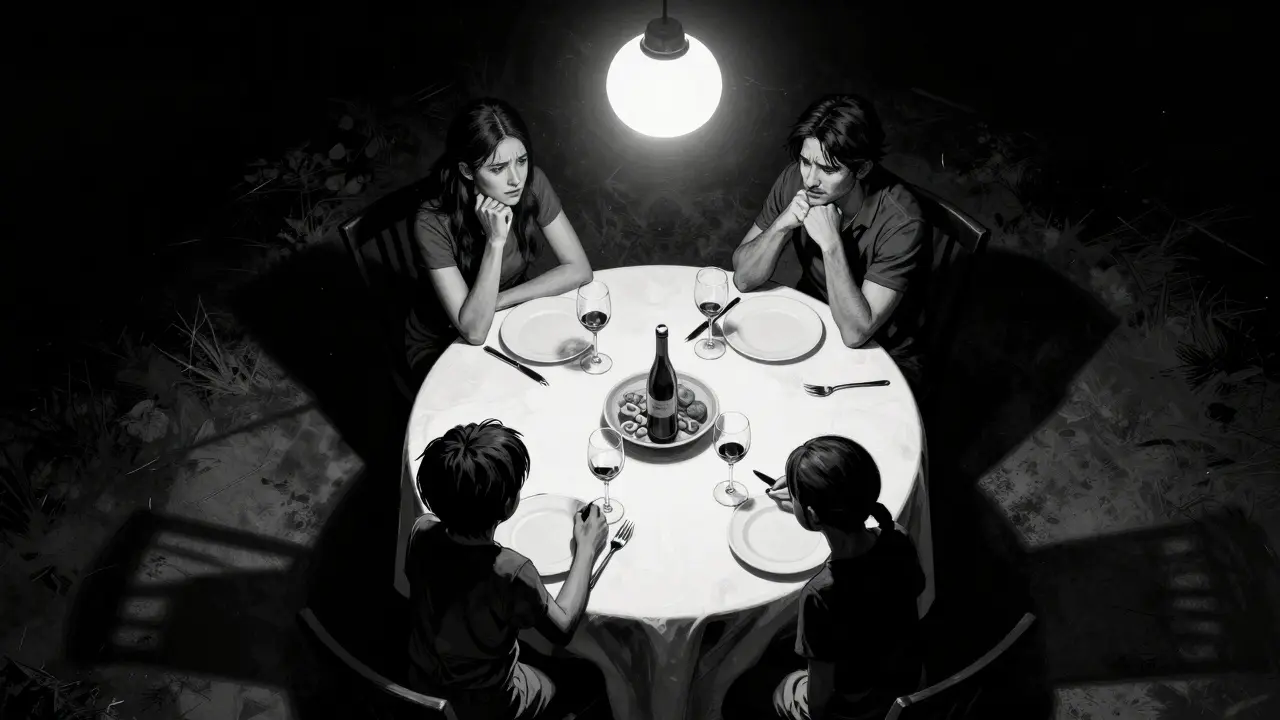 Napjatá rodinná večeře s výrazným kontrastem světla a stínů v stylu noir komiksu.
