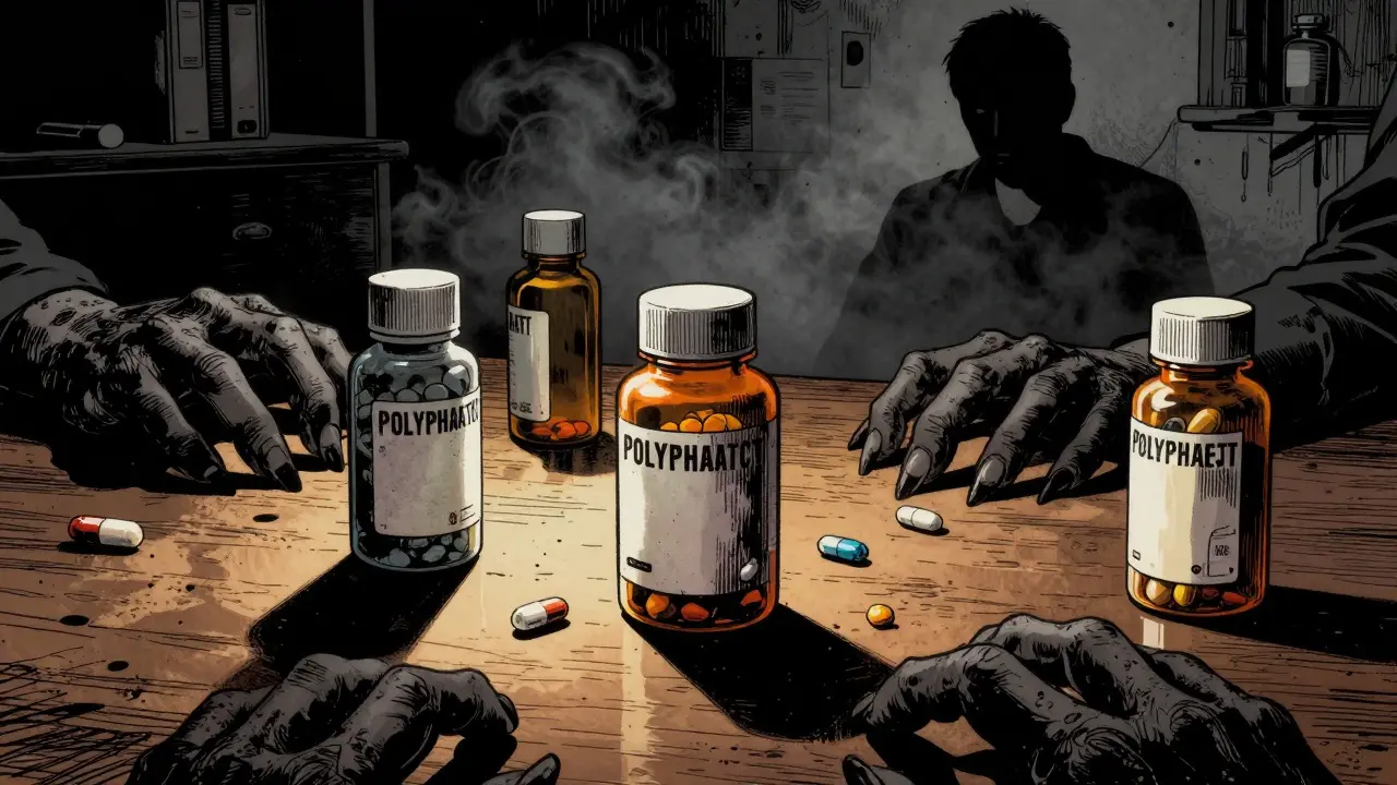 Noir komiks: detail léků na stole s dramatickými stíny a siluetou zmateného člověka.