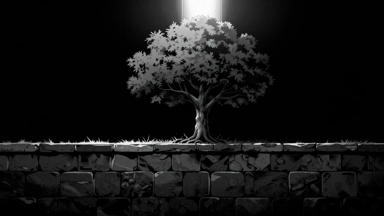 Noir komiks: strom psychoterapie rostoucí na pevném základu z léků.