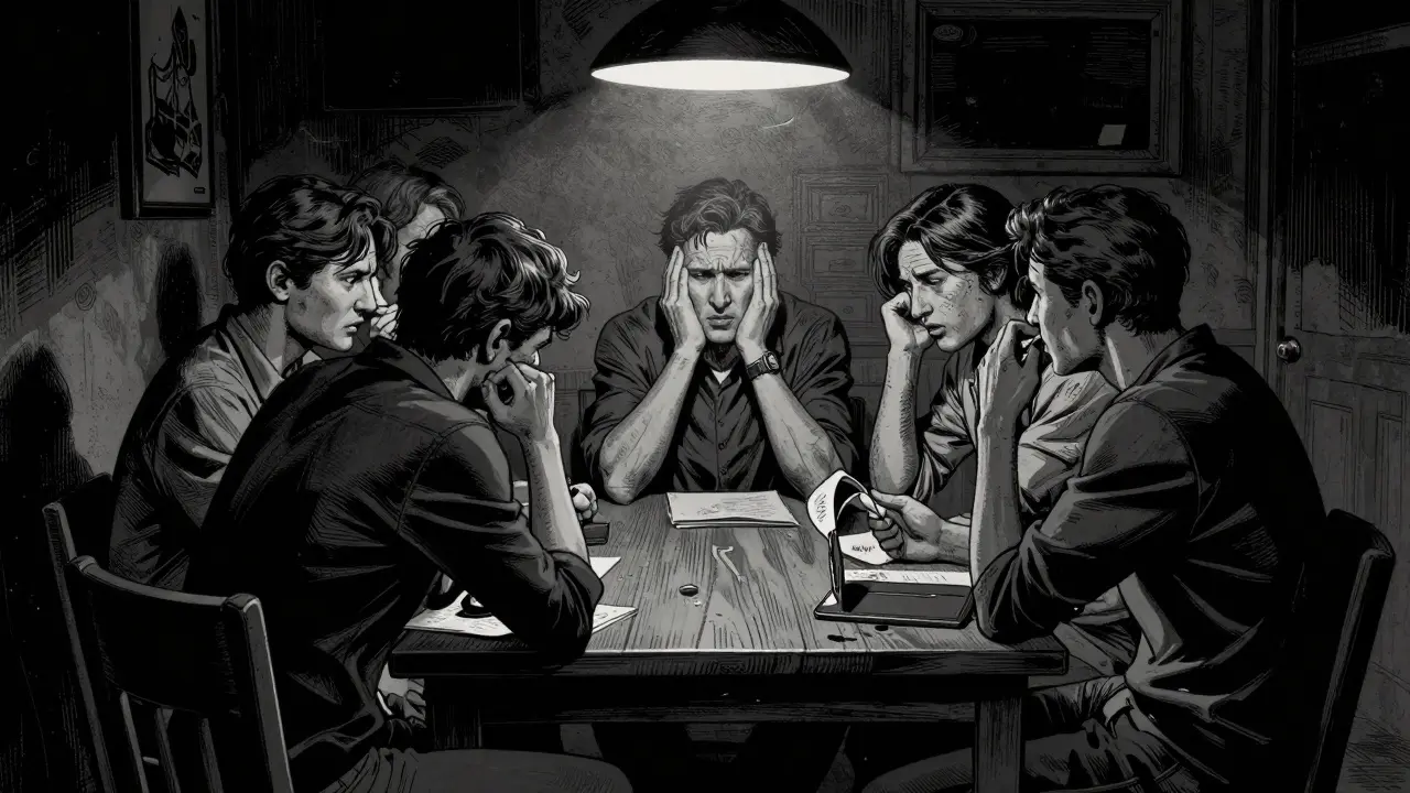 Noir komiksová scéna lidí vlajícíme vzpomínky v temné místnosti u stolu.