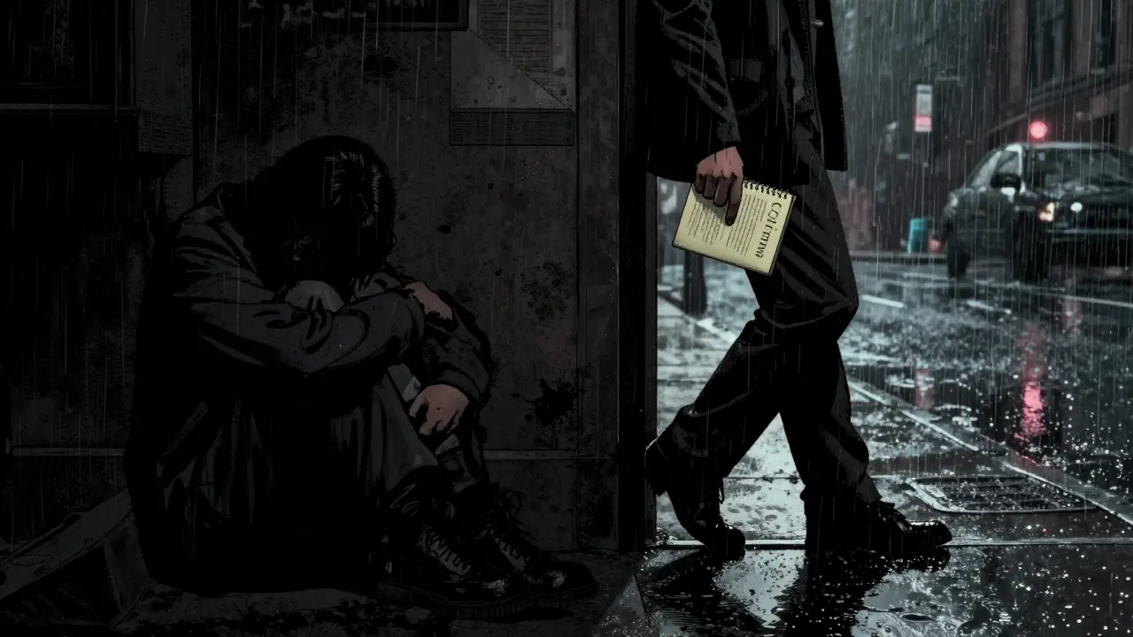 Noir komiksová scéna znázornující přechod od izolace v temnotě k aktivnímu pohybu v městě.