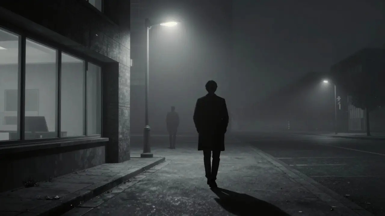 Osamělá osoba odcházící do mlžné noci v dramatickém noir stylu.