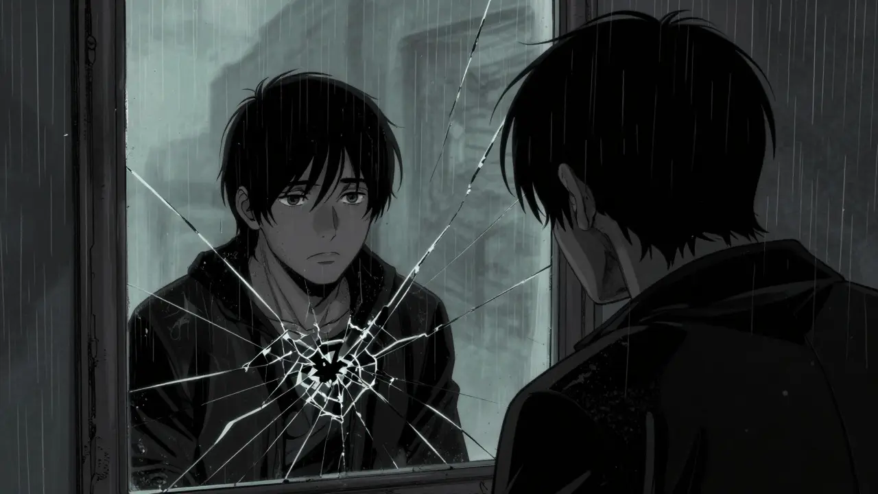 Osoba hledí do prasklého zrcadla symbolizující hloubku psychických problémů.