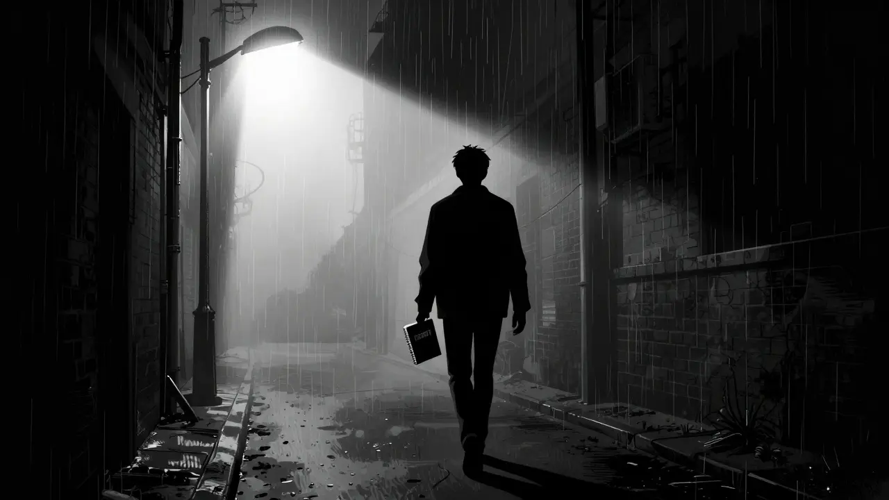 Osoba kráčející z temné uličky směrem k světlu s deníkem v ruce.