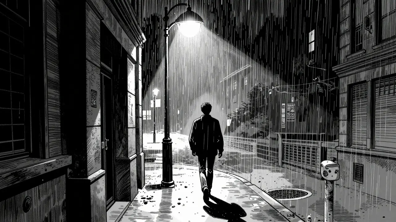 Osoba odcházející z budovy do rozsvíceného města, symbolizující naději v noir stylu.