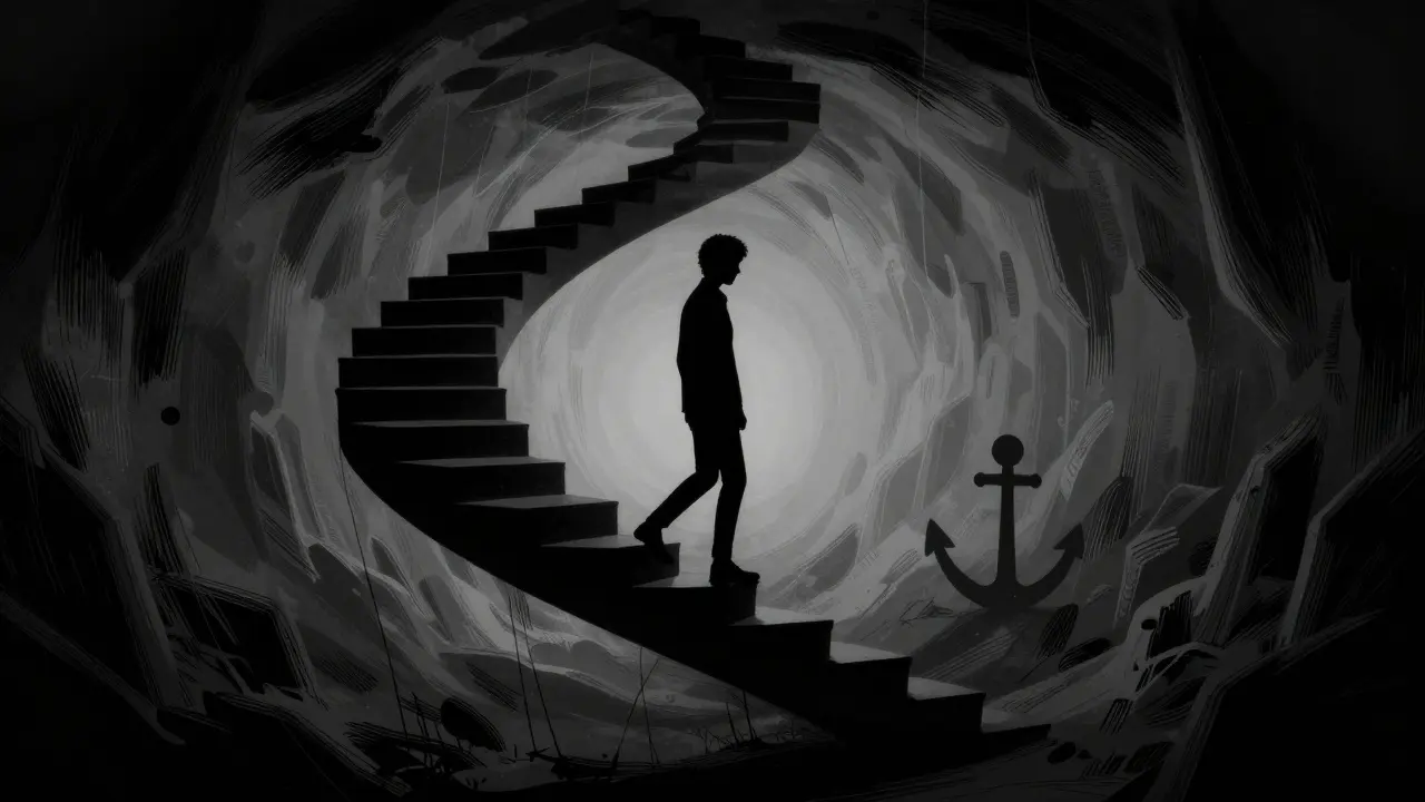 Osoba vystupující po spirálovém schodišti z temnoty k světlu v noir stylu.